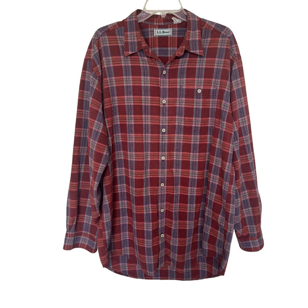 L.L. Bean Mens Large Tall Plaid Red Button-Down Shirt Long Sleeves 100% Cotton